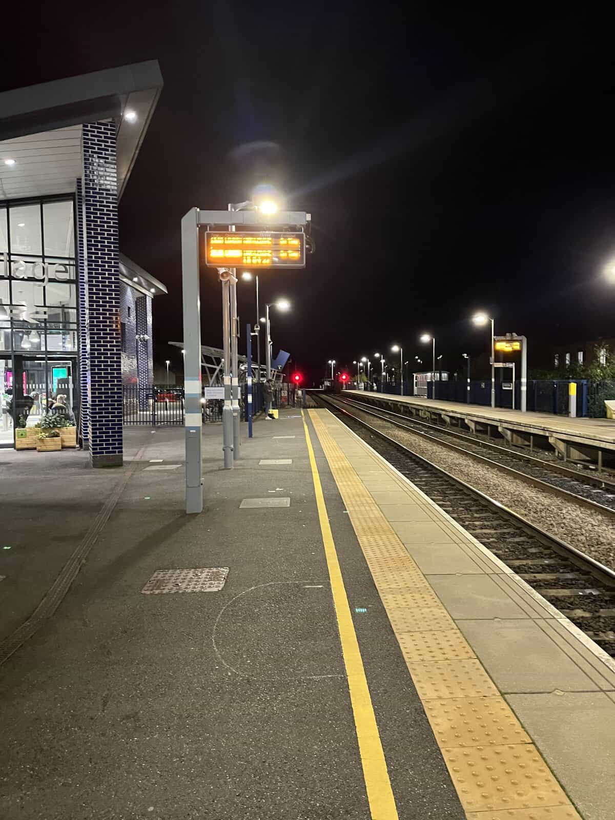 Train platform at Bicester Village station.
