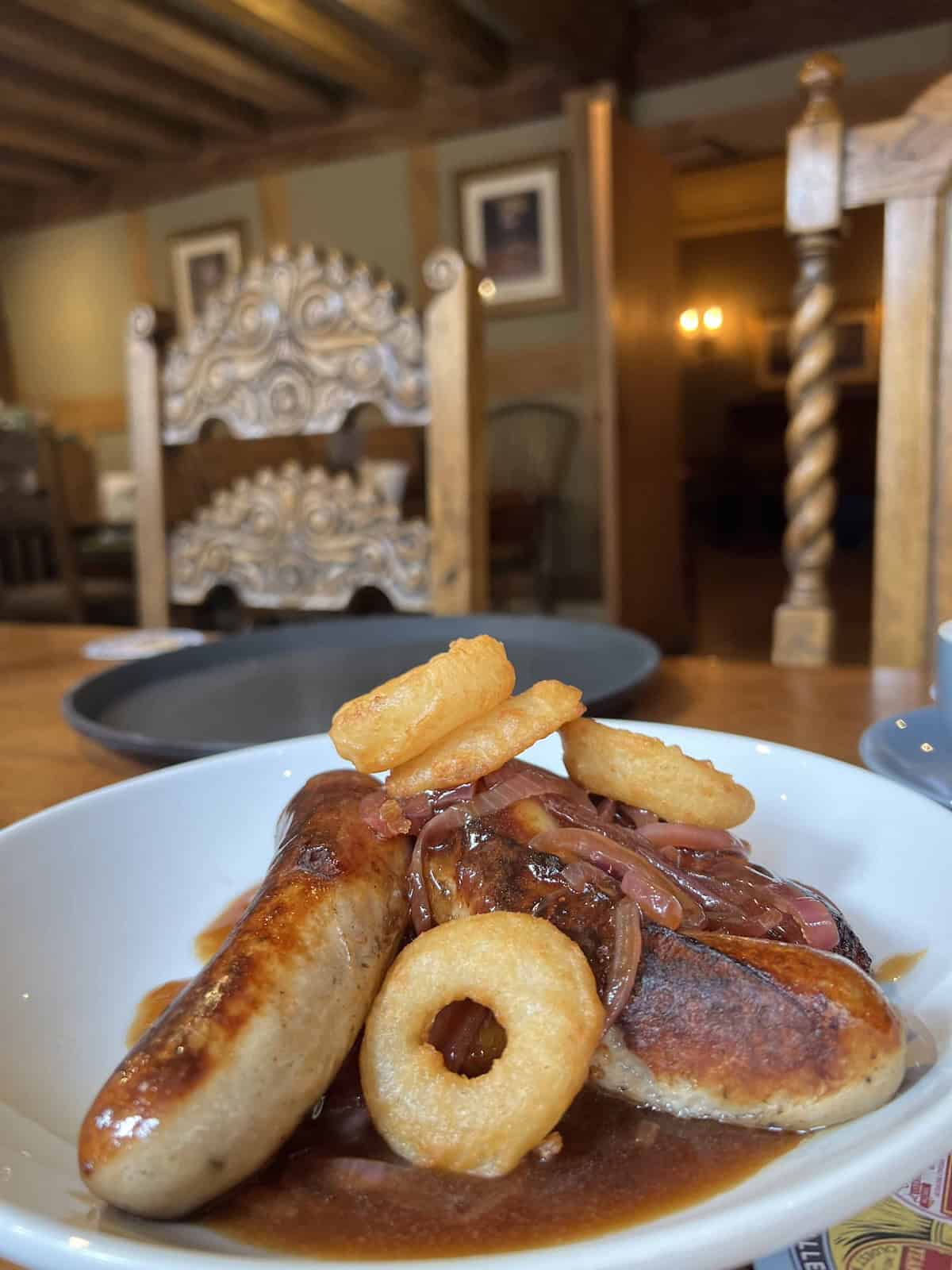 Bangers and Mash at Robert Raines House pub in Gloucester.