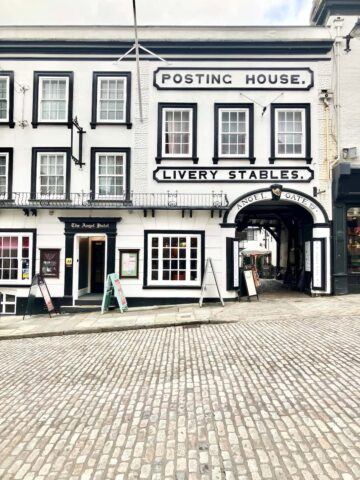 Black and white building in Guildford town centre.