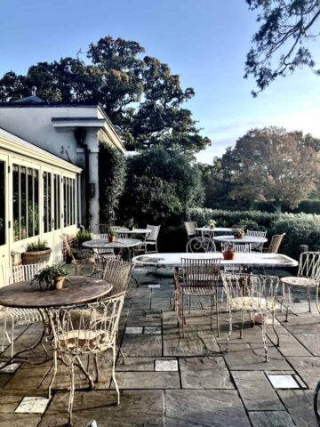 The terrace at the country hotel, The Pig in Brockenhurst.