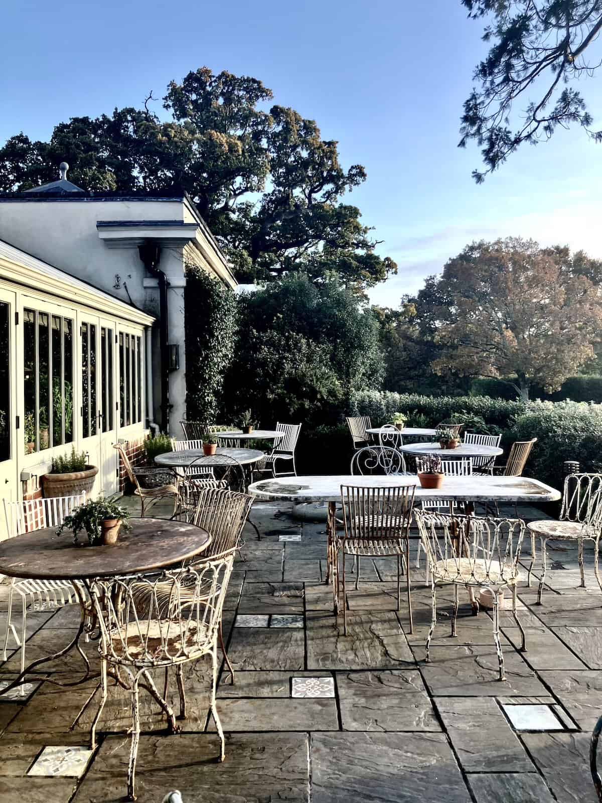 The terrace at the country hotel, The Pig in Brockenhurst.
