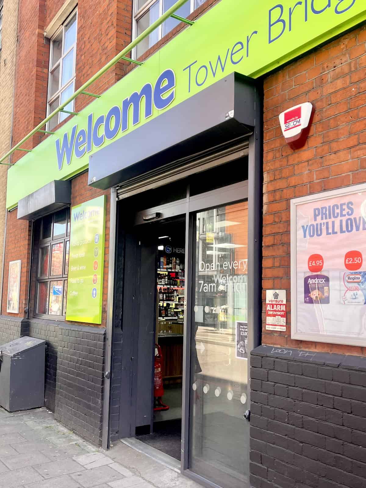 Convenience store opposite Premier Inn on Tower Bridge Road.